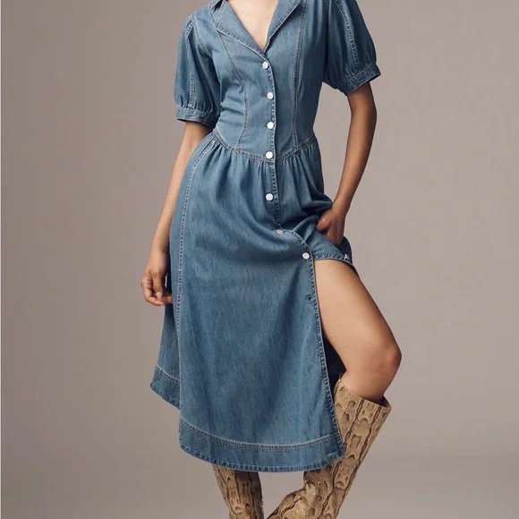 NWT Anthropologie Pilcro Short Sleeve Denim Button-Up Midi Shirt Dress - Picture 1 of 11